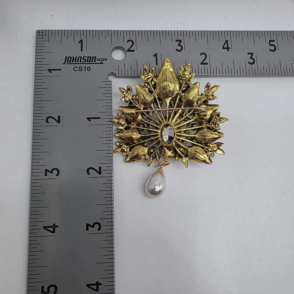 Peacock Brooch Blue Green Rhinestone Gold Tone Statement Pin